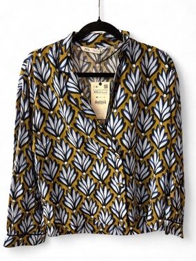 Zara Mustard and White Botanical Print Button-Front Blouse